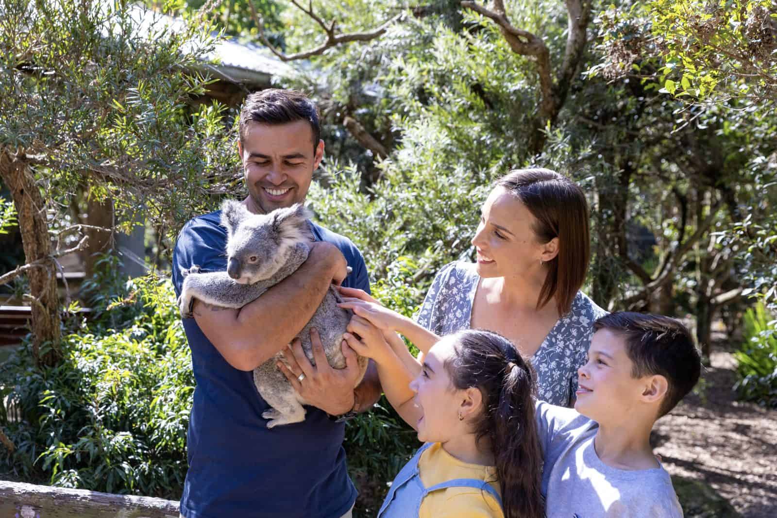 Family holding a koala at Currumbin Wildlife Sanctuary