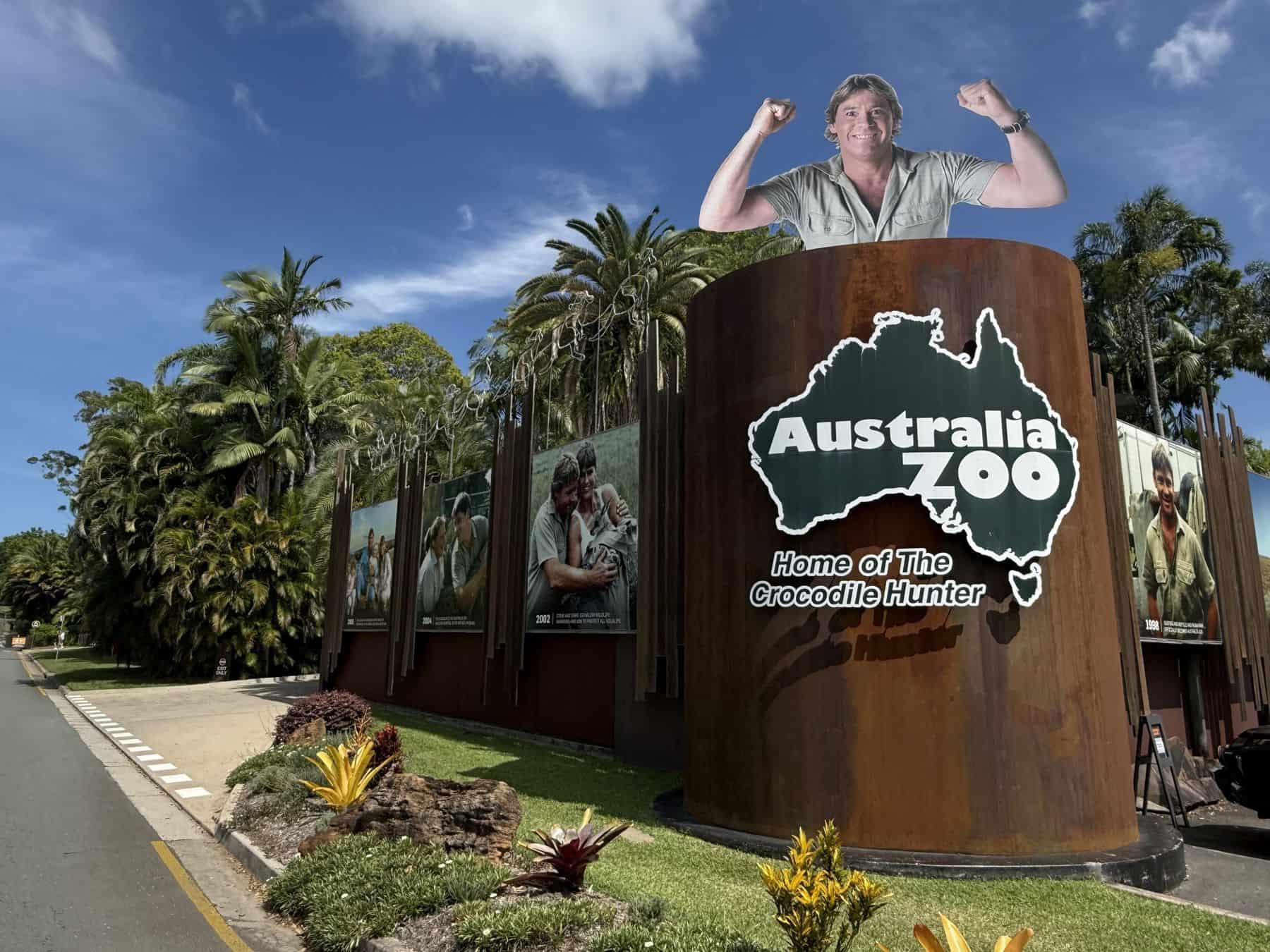 Entrance sign of Australia Zoo, home of the Crocodile Hunter, on Steve Irwin Way at Beerwah