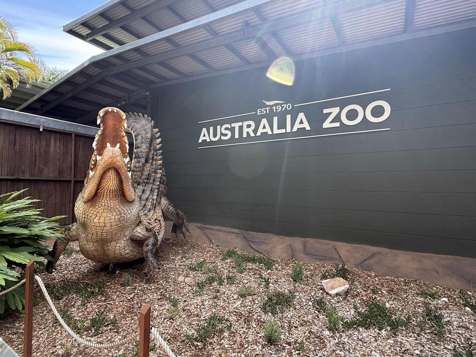 Crocodile sculpture beside the Australia Zoo sign, established 1970